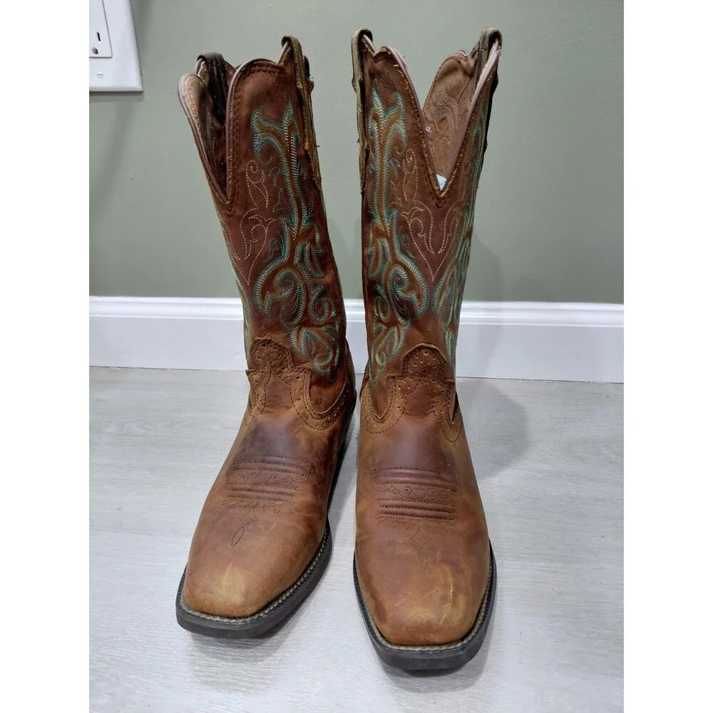 Justin Women's Stampede Cowboy Boots L2552 Brown embroidered Leather sz 7.5B